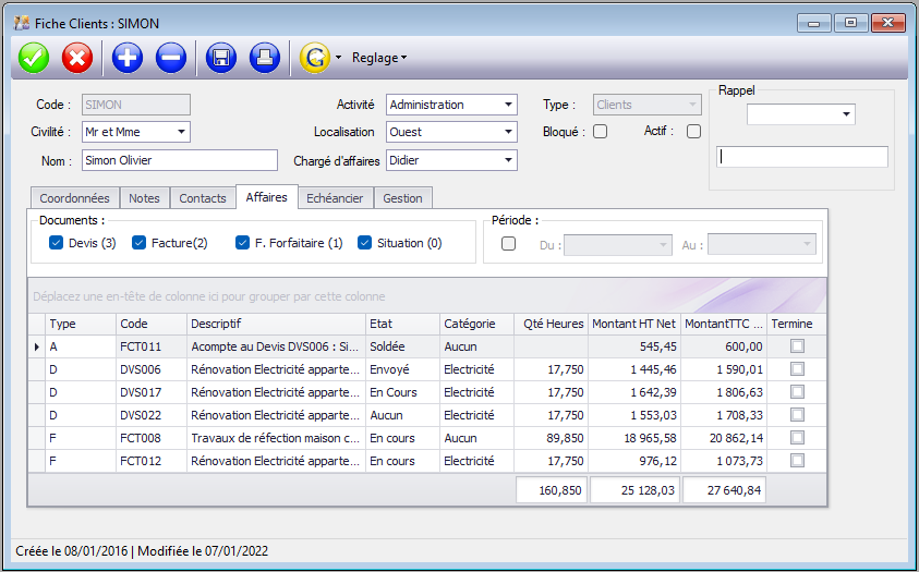 Onglet Affaires - Module Contact